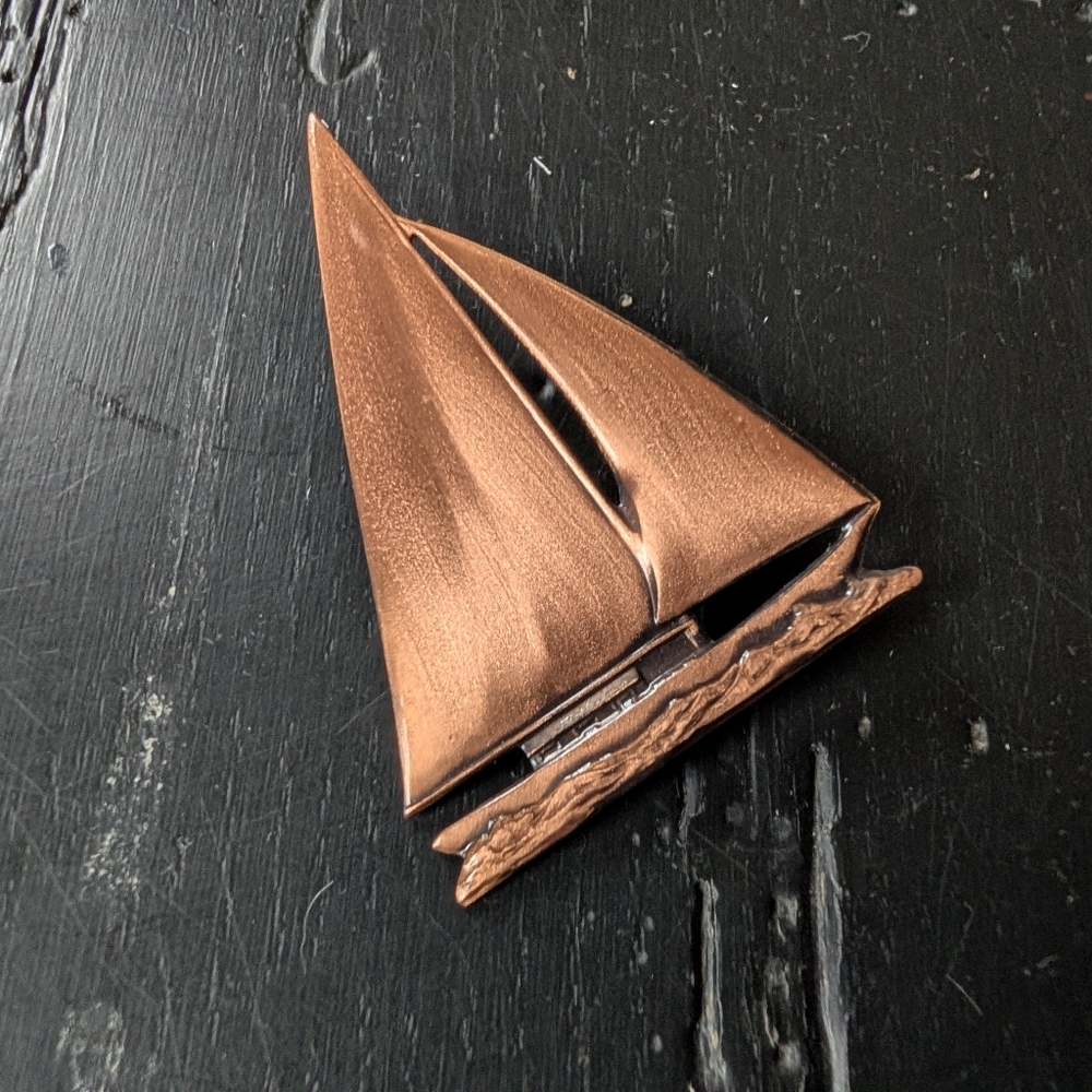 Vintage Copper Tone Metal Sailboat Brooch Elegant Unique Old Money Coastal Chic